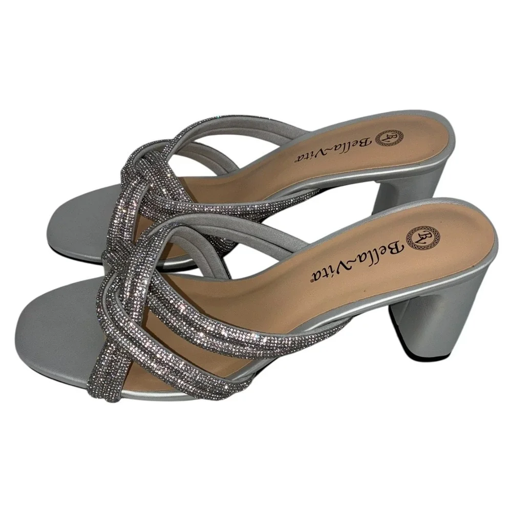 Bella Vita Carmen Silver Suede w/ Stones Slide Heel Sandals 9W Wide 2.5